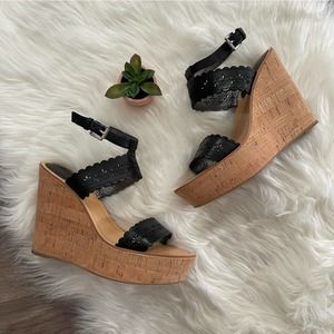 COACH Black Scalloped Strappy Perforated Cork Wedges